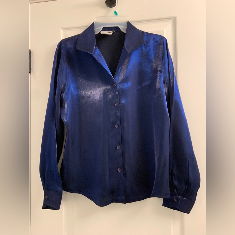 Elegant Midnight Blue Satin Button-Down Blouse